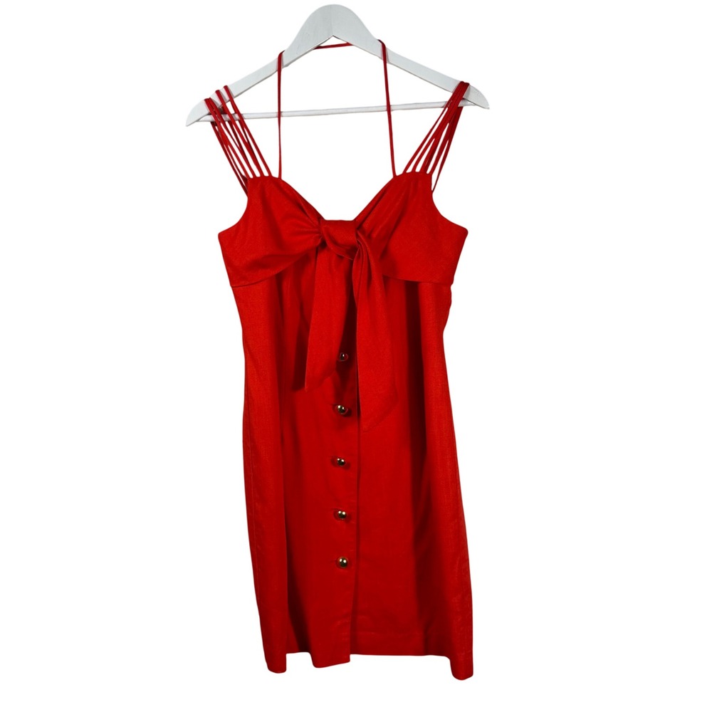 Vintage Geary Roark Kamisato Dress Size 6 Red Linen Rayon Strappy Bow USA